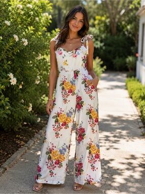 Reformation Cream Floral Tie-Shoulder Maxi Dress